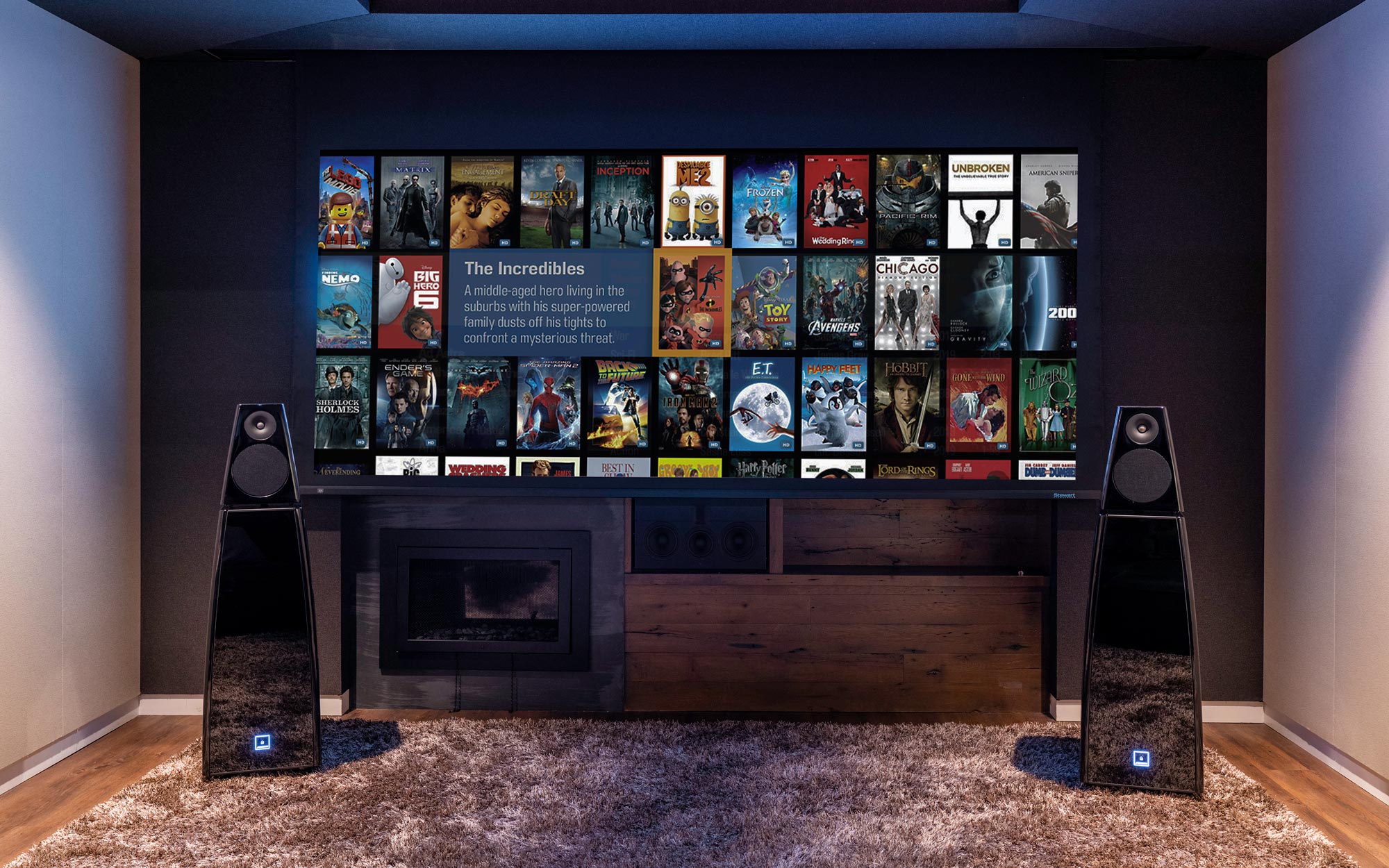 Meridian — a private home cinema with a large movie wall flanked by two floor-standing speakers.
