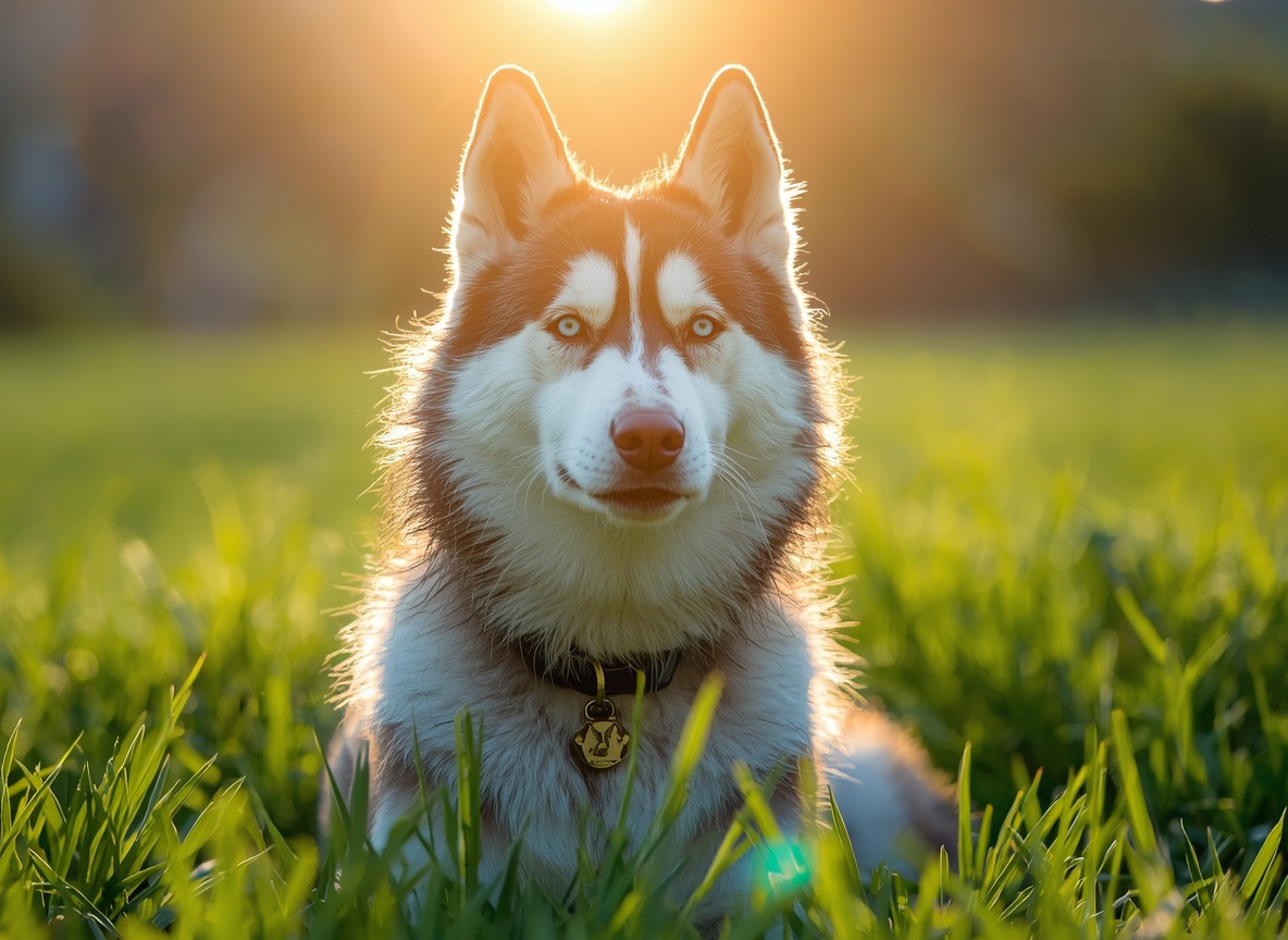 REDACTED — a vibrant Siberian husky glowing with health, sitting alert in green grass at golden hour.