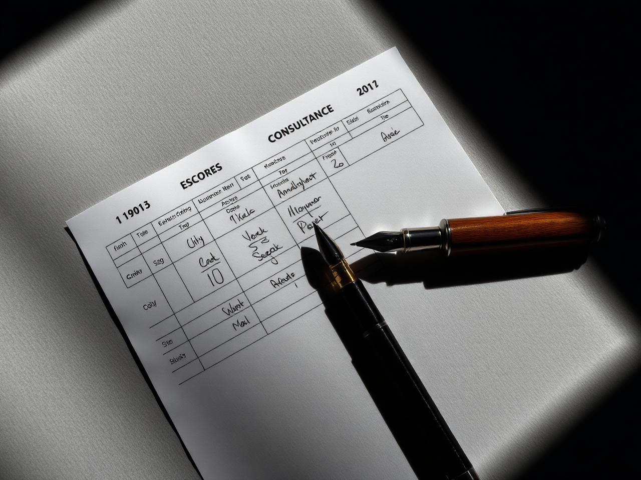 A printed scorecard with handwritten marks and a fountain pen.