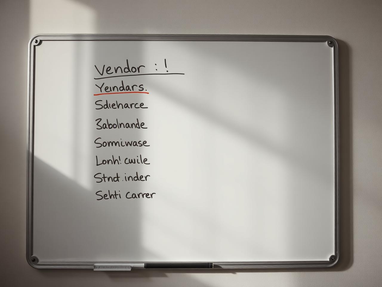 A whiteboard with a shortlist of vendor names, all but one crossed out.