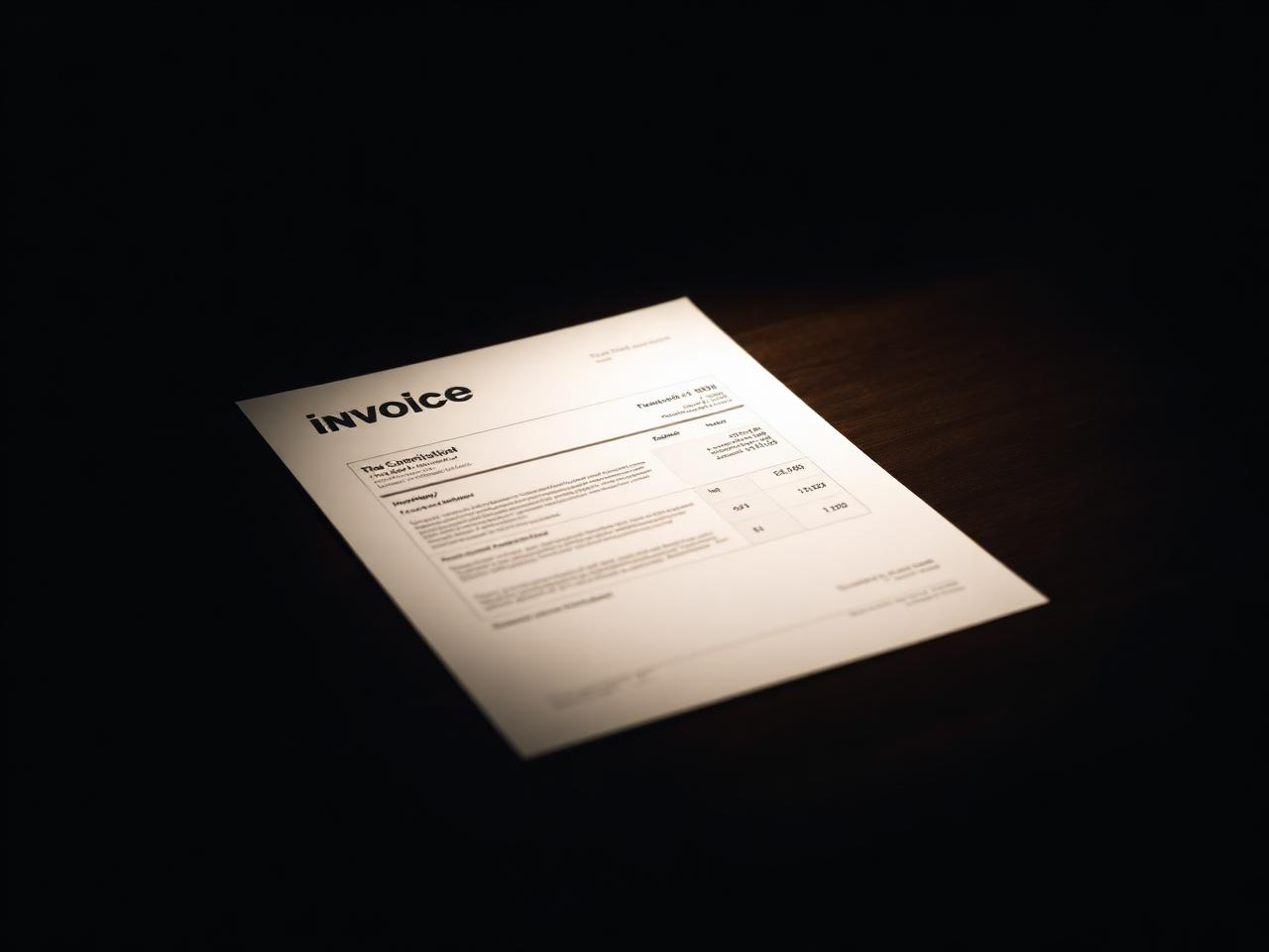 A single invoice on a dark walnut desk under hard side light.