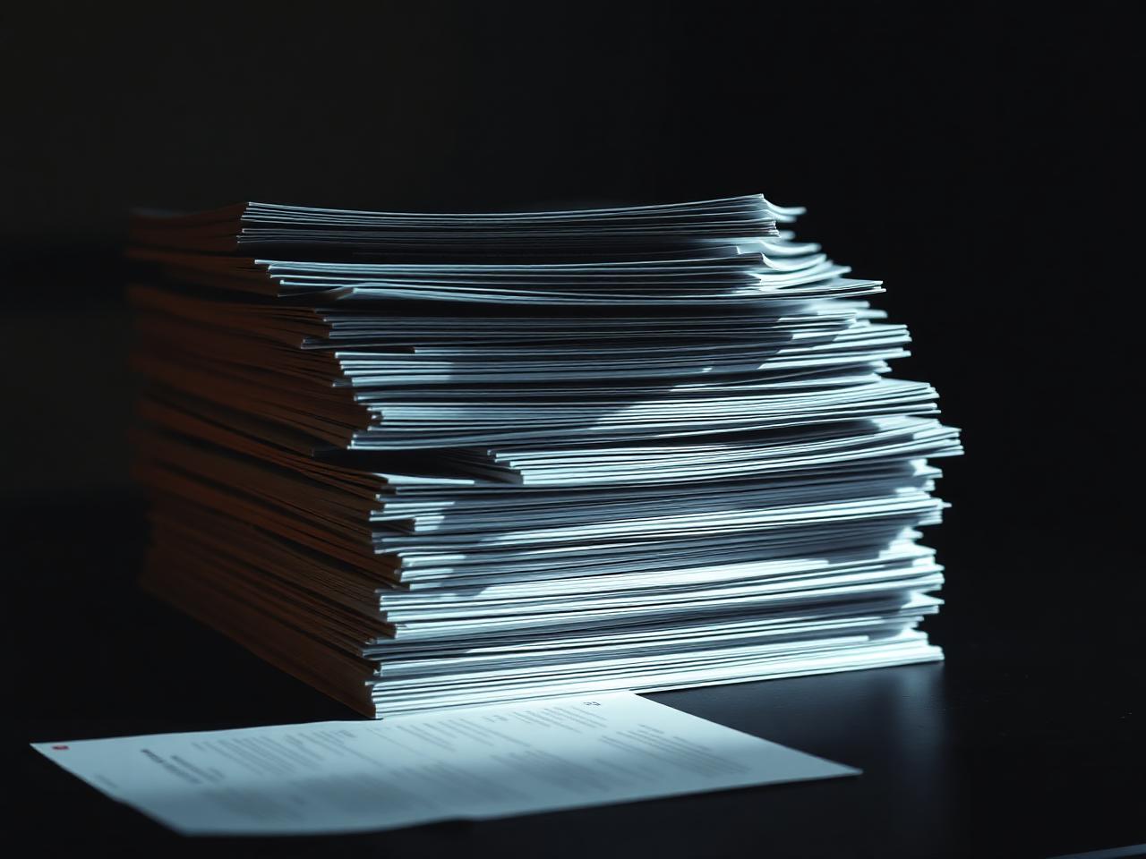 A stack of bound research reports lit by a single hard light.