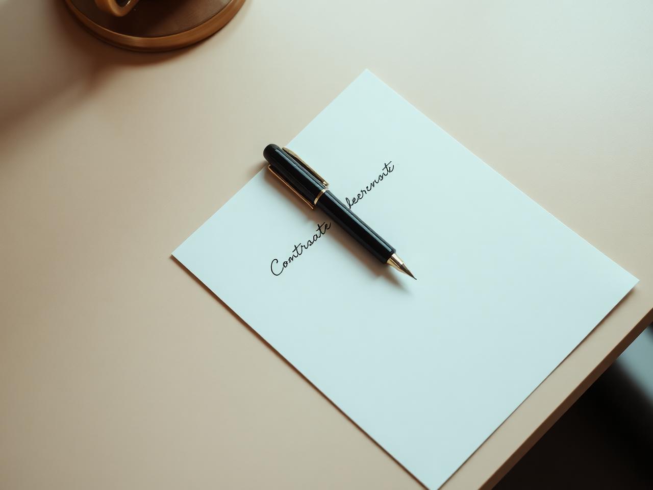 A signed contract page with a black fountain pen on a bone desk.