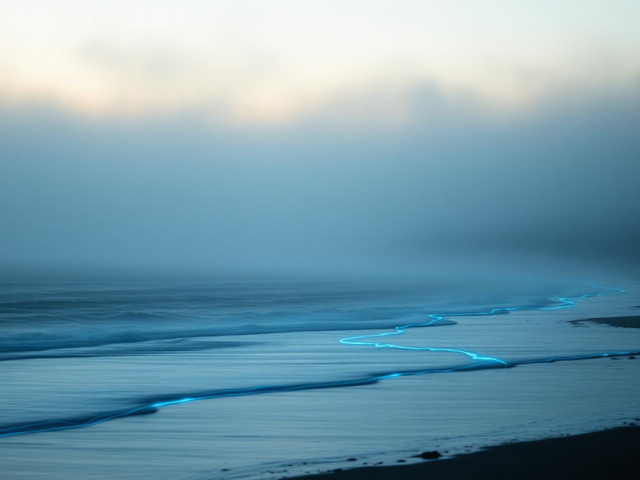 A misty Welsh shoreline at dawn with a translucent rising-tide overlay.