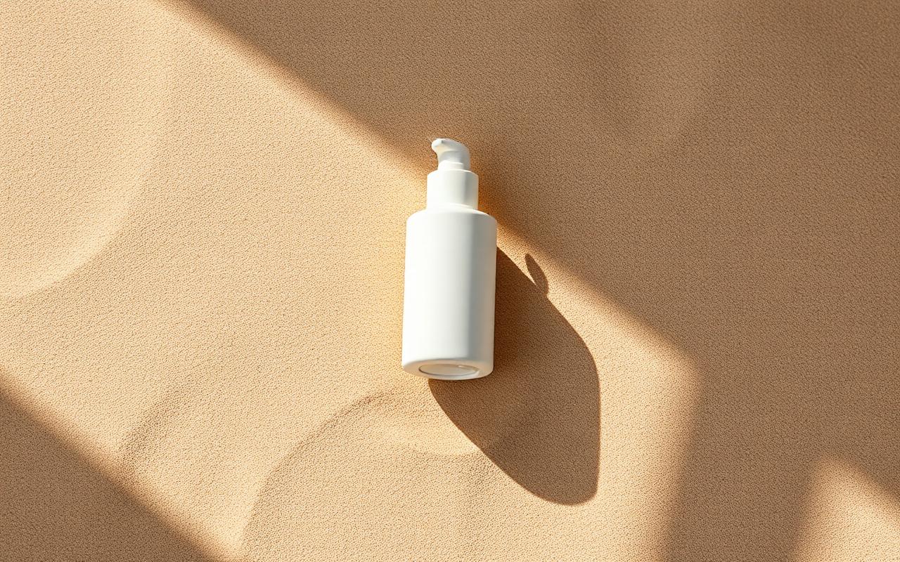 Halo — campaign still, a single matte skincare bottle on warm sand in hard sunlight.