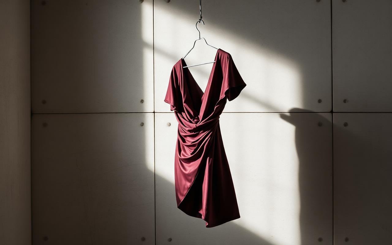 Mercurial — capsule shot, a draped oxblood garment on a wire hanger against a concrete wall.