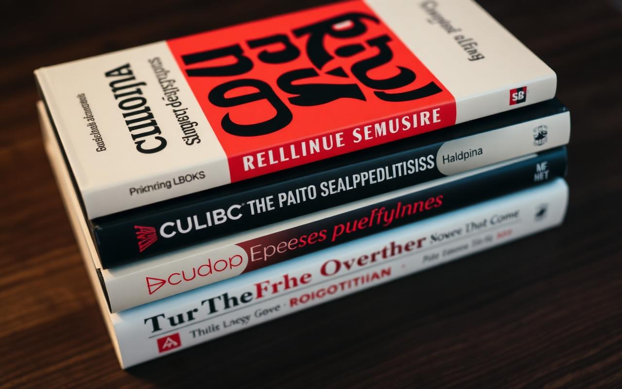 Parable — book stack, hardcovers with bold typographic spines stacked on a dark walnut table.