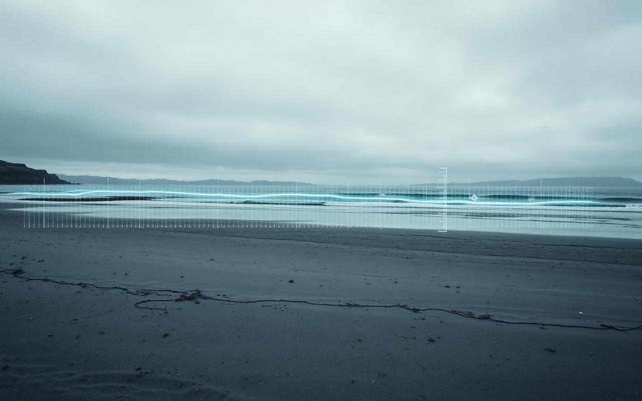 Tideline — AR film still, a Welsh shoreline overlaid with translucent rising-tide data.