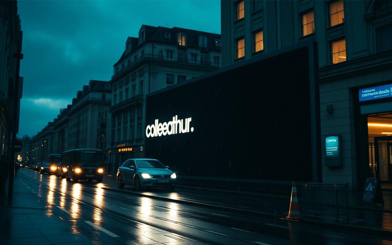 Vault — hero film still, a quiet billboard at dusk on a rain-slick London street.