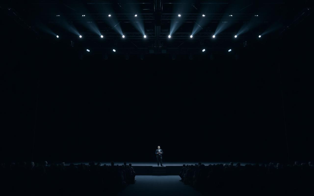 Wireframe — keynote stage, a lone speaker dwarfed by a glowing wordmark on a vast dark stage.